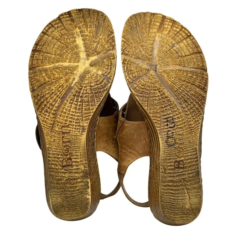 Born Womens Tan Leather Woven T-Strap Wedge Thong Sandals Size 7 M/W D60516
